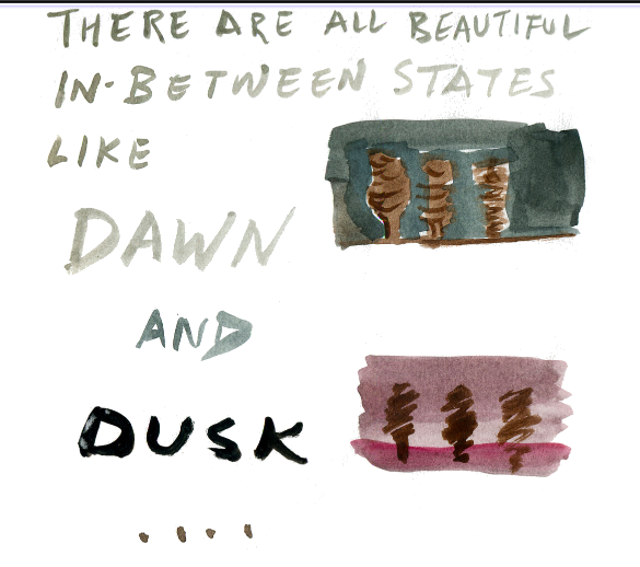 Watercolor painted words that read 'There are all beautiful in-between states like dawn and dusk...' next to 2 watercolor illustrations portraying both dawn and dusk.