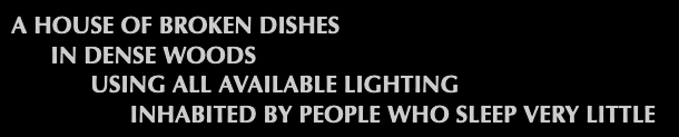 A house of broken dishes, in dense woods, using all available lighting, inhabited by people who sleep very little.