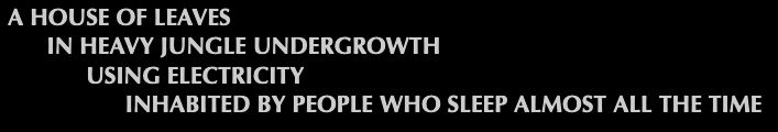 A house of leaves, in heavy jungle undergrowth, using electricity, inhabited by people who sleep almost all the time.