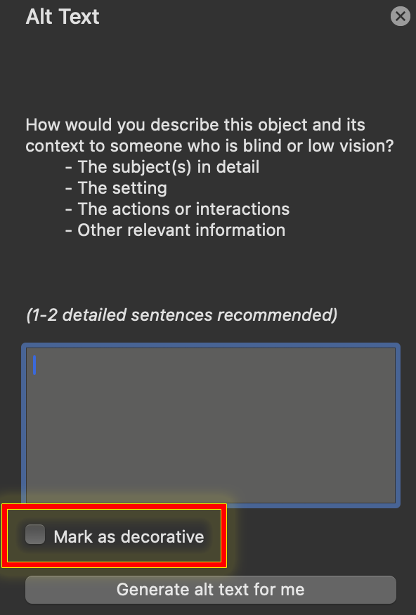 Screenshot of the alt text option box in Microsoft Word. A red box highlights the option to mark an image as decorative.