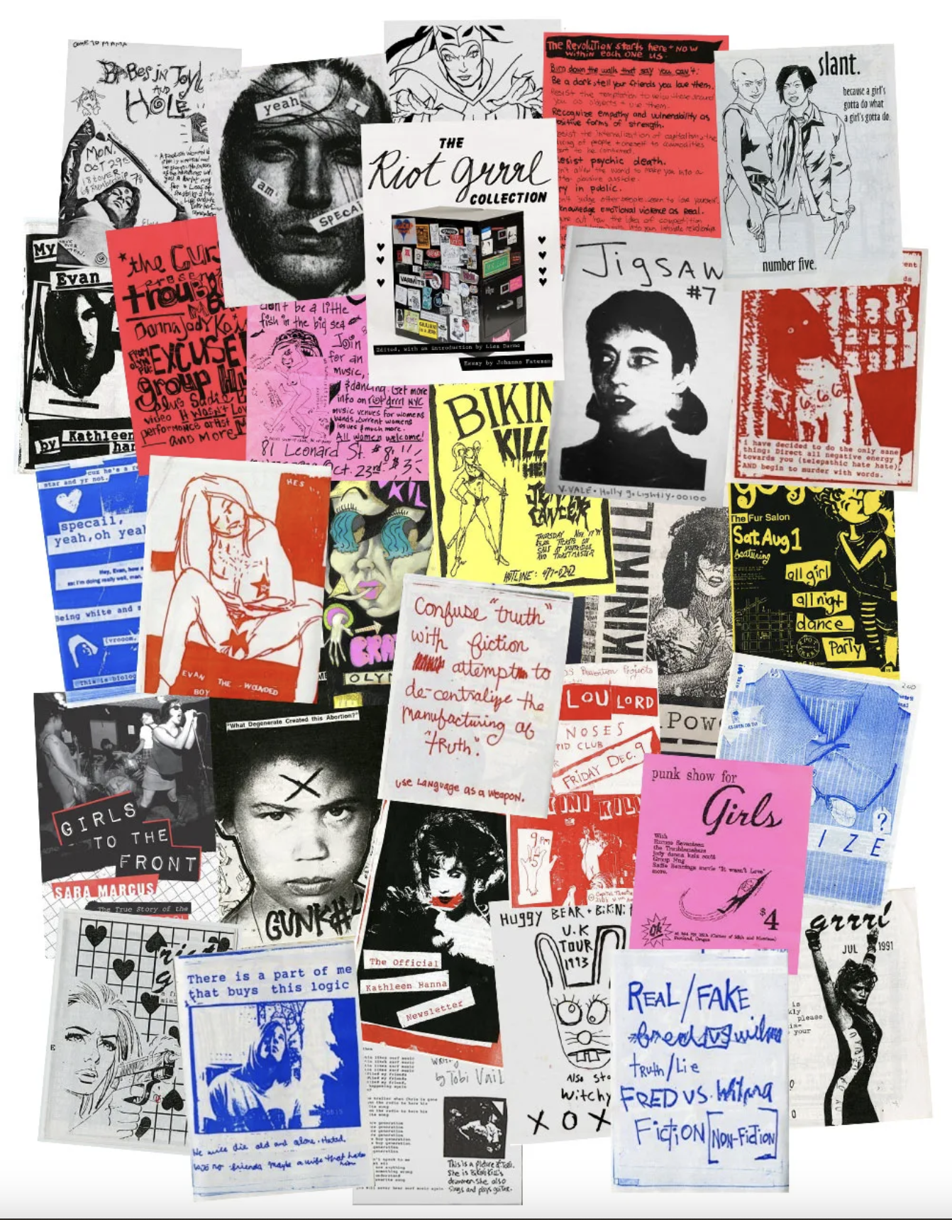 Riot-grrrl zines layered on top of one another.